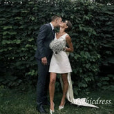 Minimalist Short Wedding Dress Satin V-Neck With Bow Back - MyChicDress